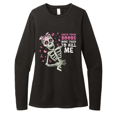 Check Your Boobs Mine Tried To Kill Mehalloween Ribbon Womens CVC Long Sleeve Shirt