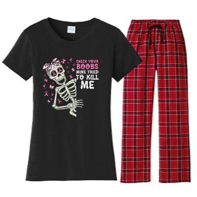 Check Your Boobs Mine Tried To Kill Mehalloween Ribbon Women's Flannel Pajama Set