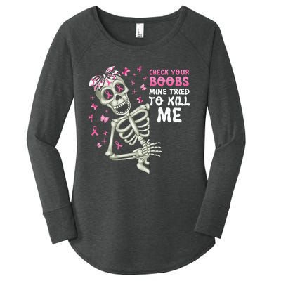 Check Your Boobs Mine Tried To Kill Mehalloween Ribbon Women's Perfect Tri Tunic Long Sleeve Shirt