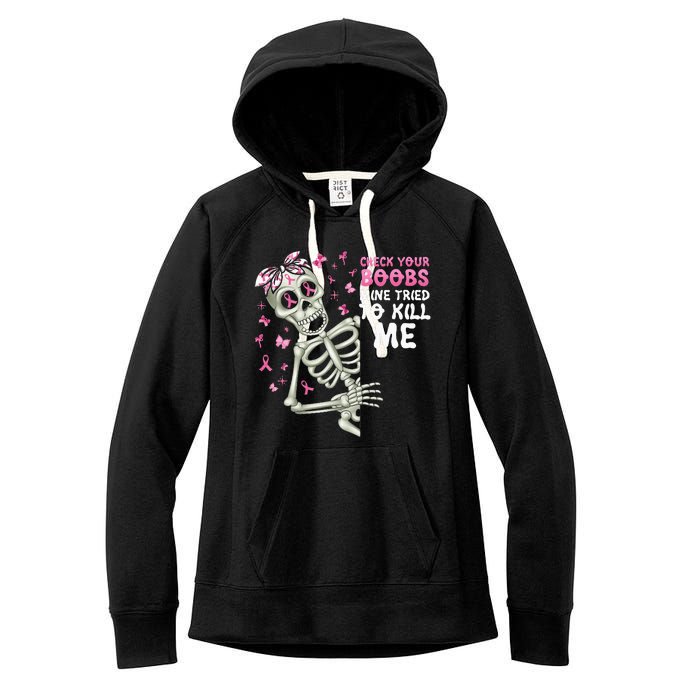 Check Your Boobs Mine Tried To Kill Mehalloween Ribbon Women's Fleece Hoodie