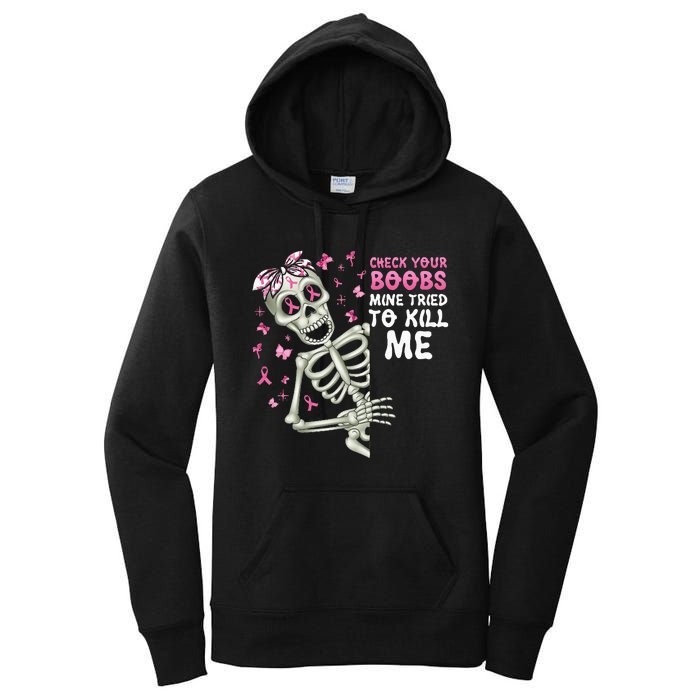 Check Your Boobs Mine Tried To Kill Mehalloween Ribbon Women's Pullover Hoodie