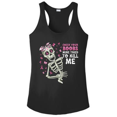 Check Your Boobs Mine Tried To Kill Mehalloween Ribbon Ladies PosiCharge Competitor Racerback Tank