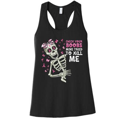 Check Your Boobs Mine Tried To Kill Mehalloween Ribbon Women's Racerback Tank