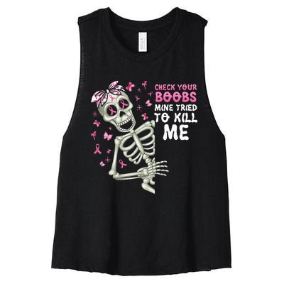 Check Your Boobs Mine Tried To Kill Mehalloween Ribbon Women's Racerback Cropped Tank