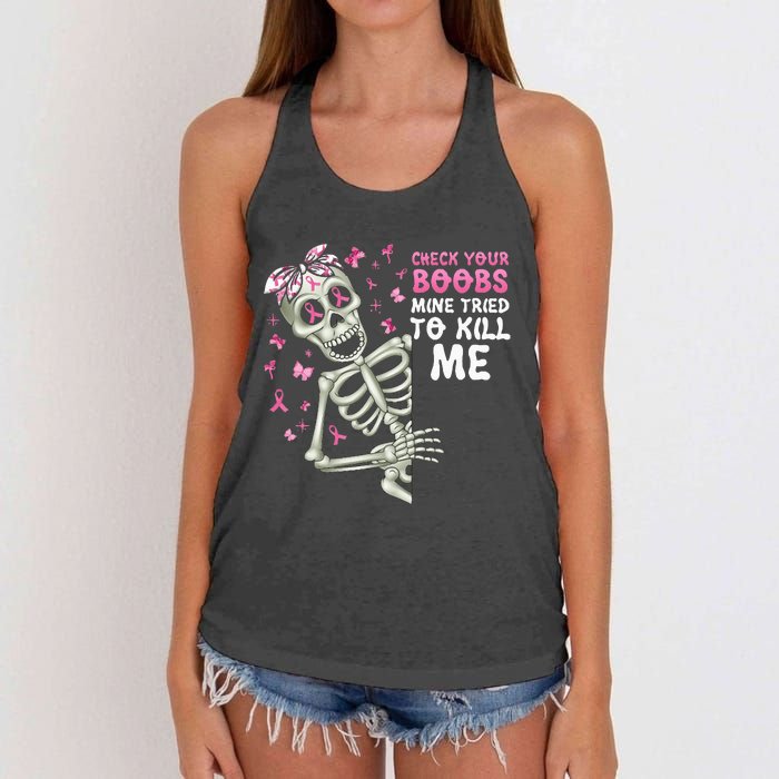 Check Your Boobs Mine Tried To Kill Mehalloween Ribbon Women's Knotted Racerback Tank