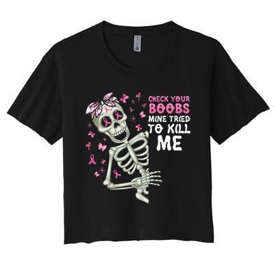 Check Your Boobs Mine Tried To Kill Mehalloween Ribbon Women's Crop Top Tee