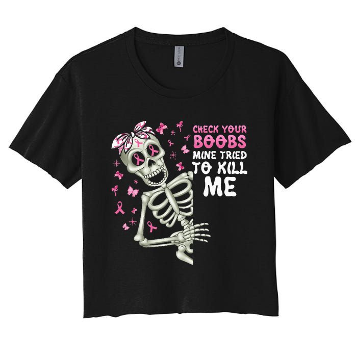 Check Your Boobs Mine Tried To Kill Mehalloween Ribbon Women's Crop Top Tee