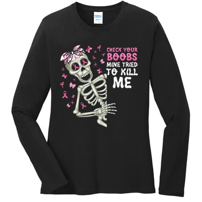 Check Your Boobs Mine Tried To Kill Mehalloween Ribbon Ladies Long Sleeve Shirt