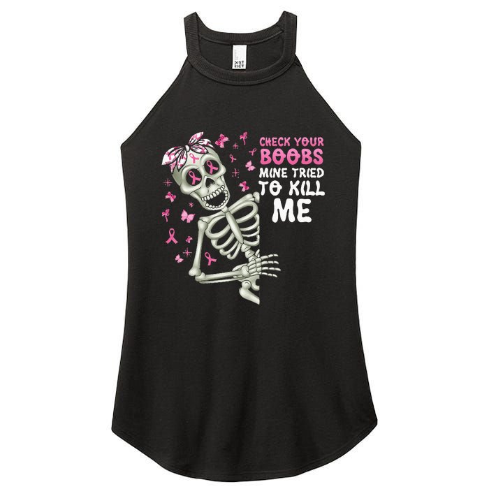 Check Your Boobs Mine Tried To Kill Mehalloween Ribbon Women's Perfect Tri Rocker Tank