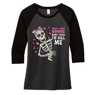 Check Your Boobs Mine Tried To Kill Mehalloween Ribbon Women's Tri-Blend 3/4-Sleeve Raglan Shirt