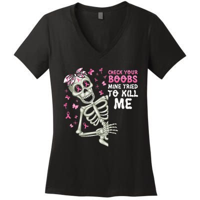 Check Your Boobs Mine Tried To Kill Mehalloween Ribbon Women's V-Neck T-Shirt