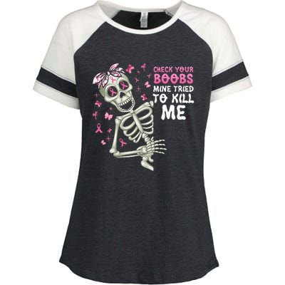 Check Your Boobs Mine Tried To Kill Mehalloween Ribbon Enza Ladies Jersey Colorblock Tee