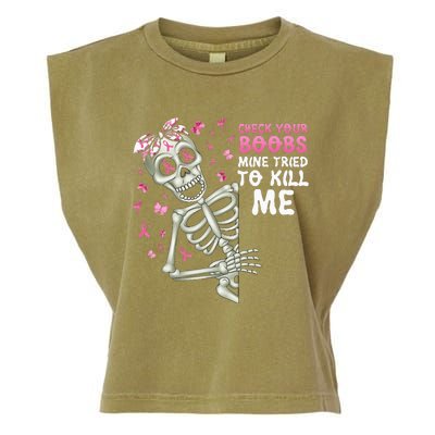 Check Your Boobs Mine Tried To Kill Mehalloween Ribbon Garment-Dyed Women's Muscle Tee