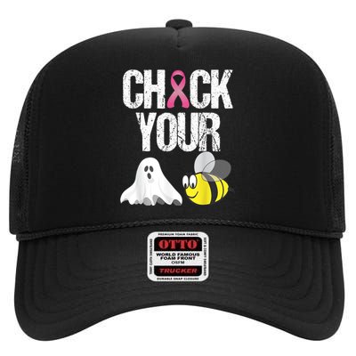 Check Your Boo Bees Shirt Funny Breast Cancer Halloween Gift High Crown Mesh Back Trucker Hat