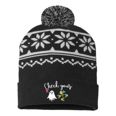 Check Your Boo Bees Breast Cancer Awareness Ribbon USA-Made Snowflake Beanie