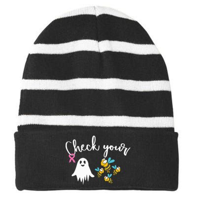 Check Your Boo Bees Breast Cancer Awareness Ribbon Striped Beanie with Solid Band