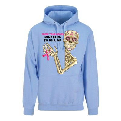 Check Your Boobs Mine Tried To Kill Me Breast Cancer Unisex Surf Hoodie