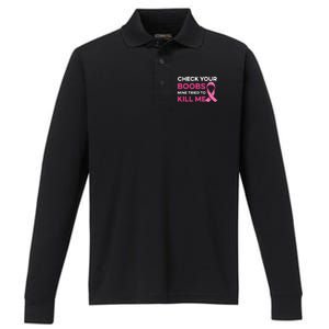 Check Your Boobs Mine Tried To Kill Me Breast Cancer Design Performance Long Sleeve Polo