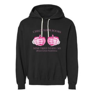 Check Your Boobs Mine Tried To Kill Me Breast Cancer Pumpkin Garment-Dyed Fleece Hoodie