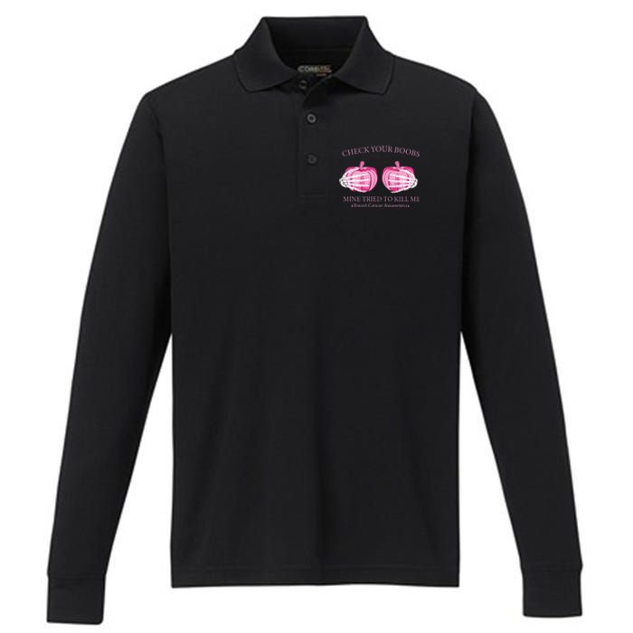 Check Your Boobs Mine Tried To Kill Me Breast Cancer Pumpkin Performance Long Sleeve Polo