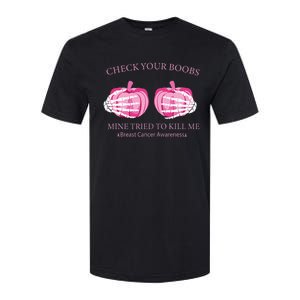 Check Your Boobs Mine Tried To Kill Me Breast Cancer Pumpkin Softstyle CVC T-Shirt