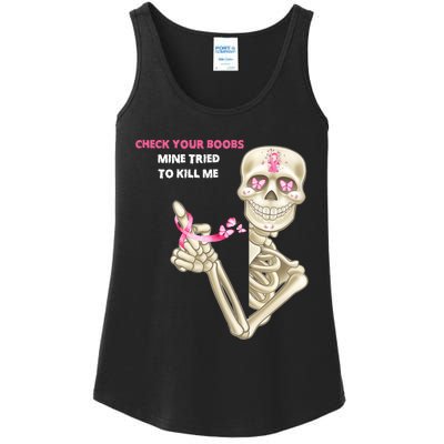 Check Your Boobs Mine Tried To Kill Me Sugar Skull Skeleton Ladies Essential Tank