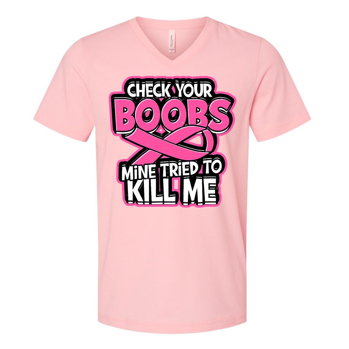 Check Your Boobs Mine Tried To Kill Me Breast Cancer V-Neck T-Shirt