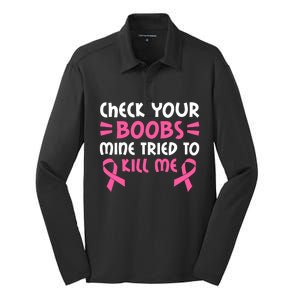 Check Your Boobs Mine Tried To Kill Me Ribbon Silk Touch Performance Long Sleeve Polo