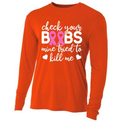 Check Your Boobies Breast Cancer Awareness Fight Cancer Gift Cooling Performance Long Sleeve Crew