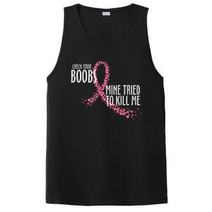 Check Your Boobs Mine Tried To Kill Me Pink Ribbon Heart Breast Cancer PosiCharge Competitor Tank