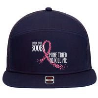 Check Your Boobs Mine Tried To Kill Me Pink Ribbon Heart Breast Cancer 7 Panel Mesh Trucker Snapback Hat
