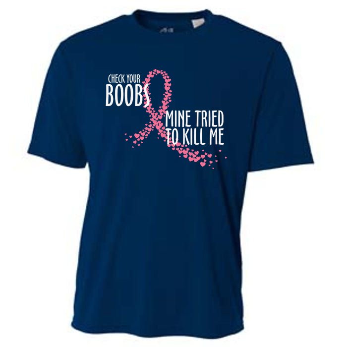 Check Your Boobs Mine Tried To Kill Me Pink Ribbon Heart Breast Cancer Cooling Performance Crew T-Shirt