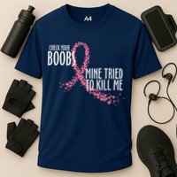 Check Your Boobs Mine Tried To Kill Me Pink Ribbon Heart Breast Cancer Cooling Performance Crew T-Shirt