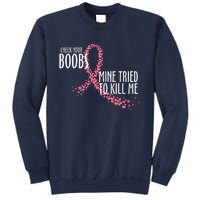 Check Your Boobs Mine Tried To Kill Me Pink Ribbon Heart Breast Cancer Sweatshirt