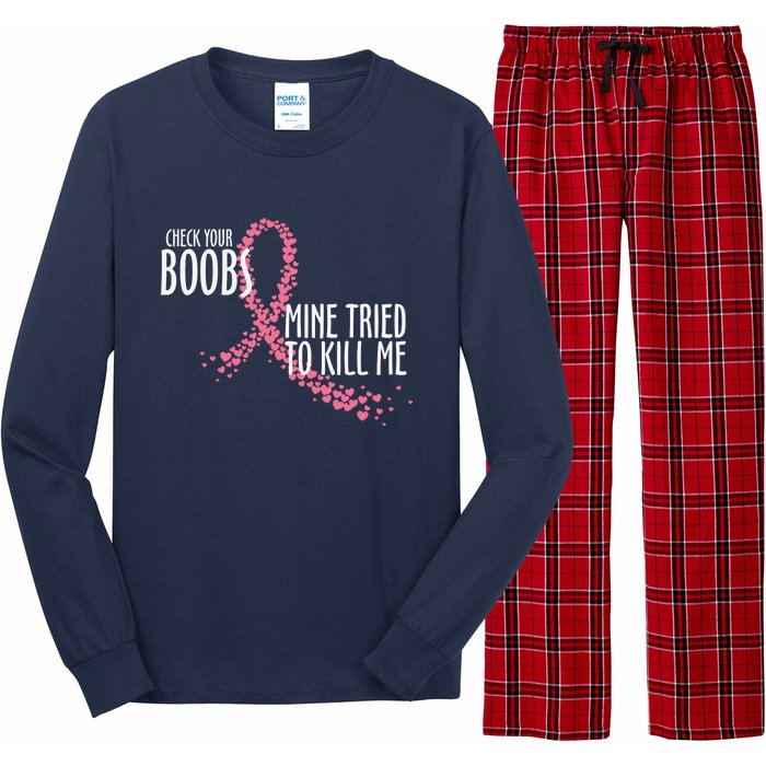 Check Your Boobs Mine Tried To Kill Me Pink Ribbon Heart Breast Cancer Long Sleeve Pajama Set