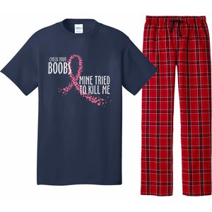 Check Your Boobs Mine Tried To Kill Me Pink Ribbon Heart Breast Cancer Pajama Set