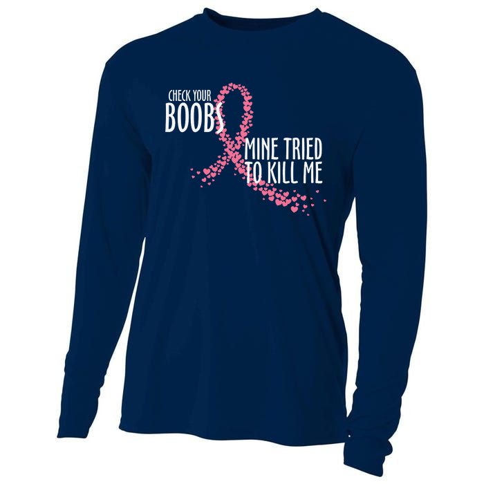 Check Your Boobs Mine Tried To Kill Me Pink Ribbon Heart Breast Cancer Cooling Performance Long Sleeve Crew