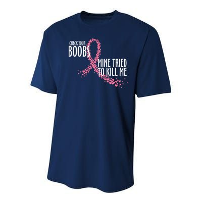 Check Your Boobs Mine Tried To Kill Me Pink Ribbon Heart Breast Cancer Youth Performance Sprint T-Shirt