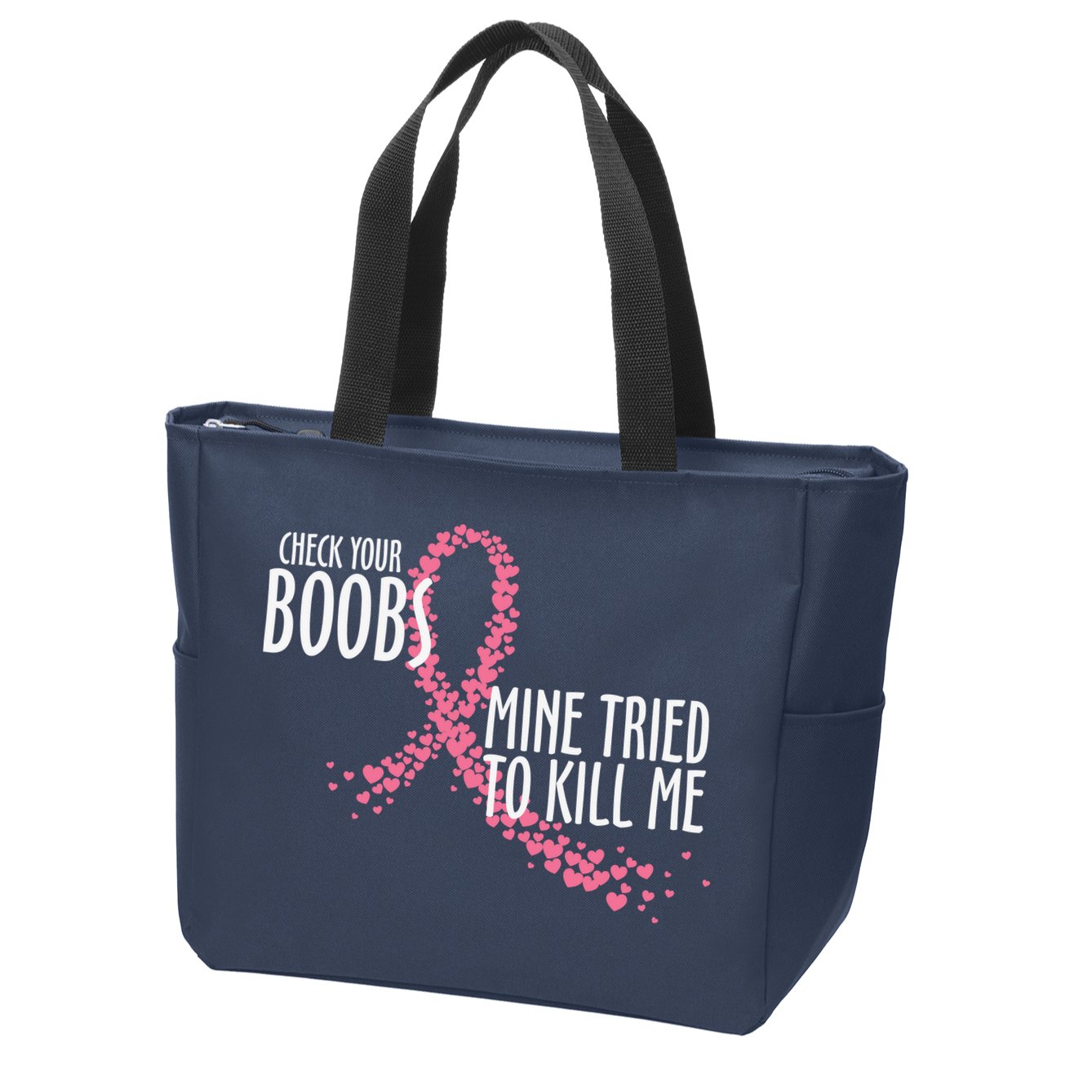 Check Your Boobs Mine Tried To Kill Me Pink Ribbon Heart Breast Cancer Zip Tote Bag