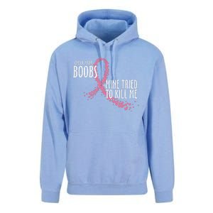 Check Your Boobs Mine Tried To Kill Me Pink Ribbon Heart Breast Cancer Unisex Surf Hoodie