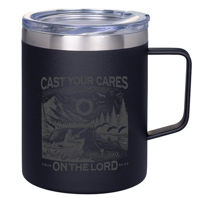 Cast Your Cares On The Lord Man Christian Fishing Fisherman 12oz Stainless Steel Coffee Mug