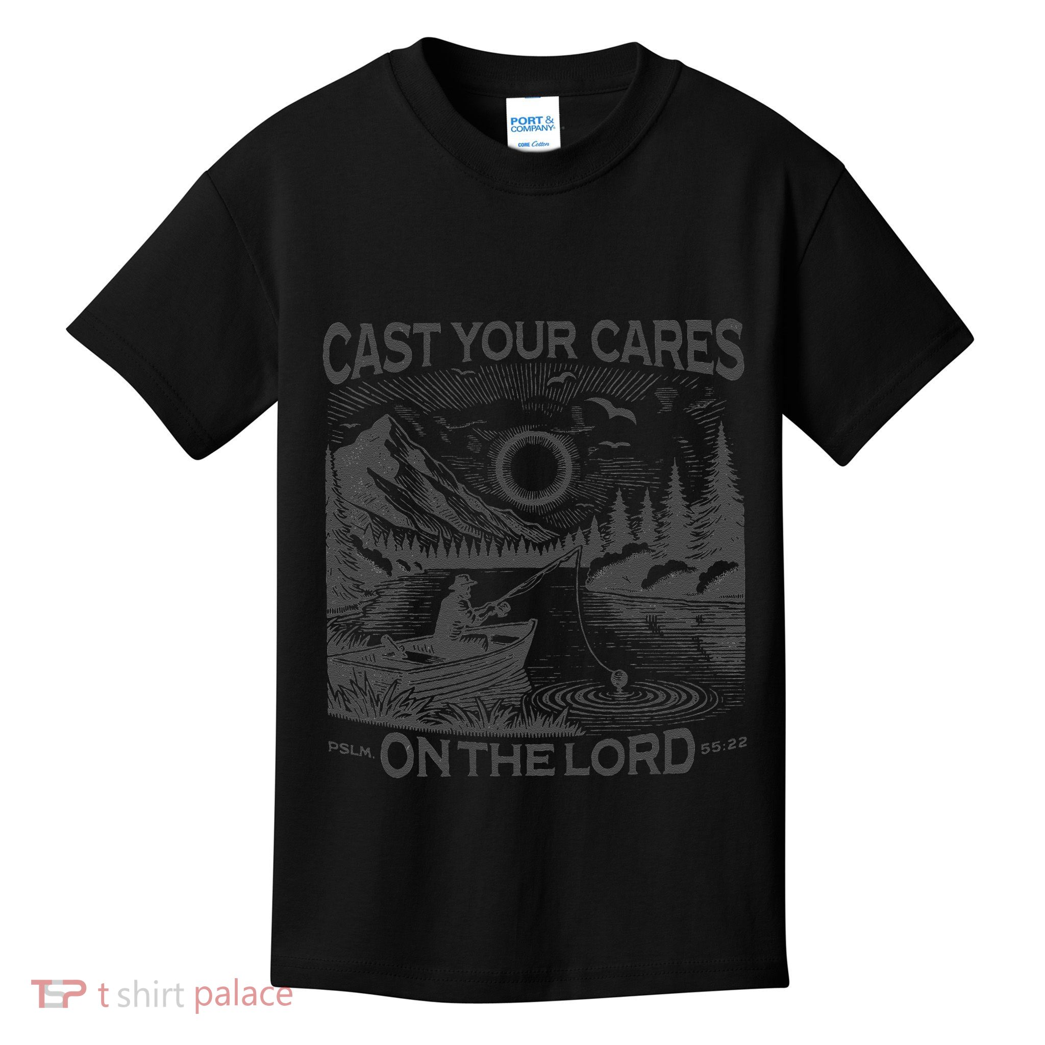 Cast Your Cares On The Lord Man Christian Fishing Fisherman Kids T-Shirt