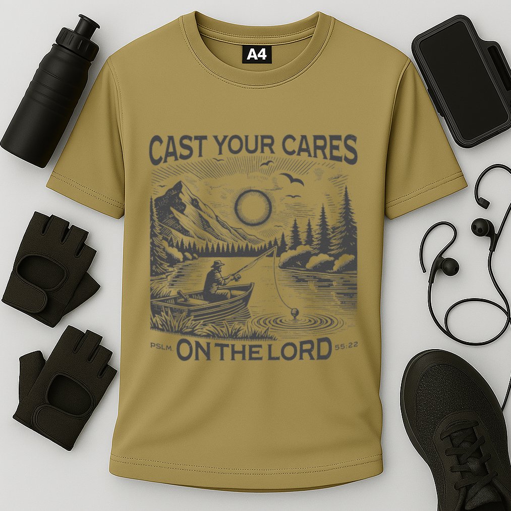 Cast Your Cares On The Lord Man Christian Fishing Fisherman Cooling Performance Crew T-Shirt