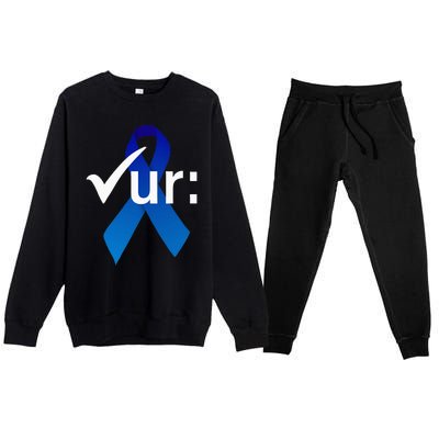 Check Your Colon Colorectal Cancer Awareness Blue Ribbon Premium Crewneck Sweatsuit Set