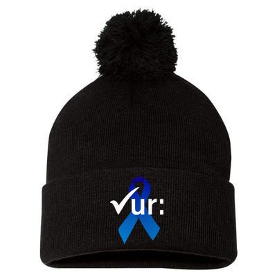 Check Your Colon Colorectal Cancer Awareness Blue Ribbon Pom Pom 12in Knit Beanie