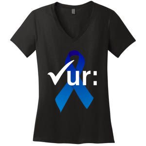 Check Your Colon Colorectal Cancer Awareness Blue Ribbon Women's V-Neck T-Shirt