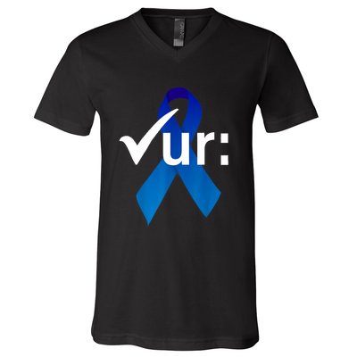 Check Your Colon Colorectal Cancer Awareness Blue Ribbon V-Neck T-Shirt