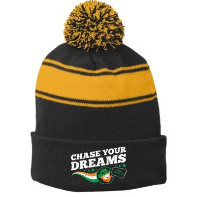 Chase Your Dreams With Whisky Leprechaun Stripe Pom Pom Beanie