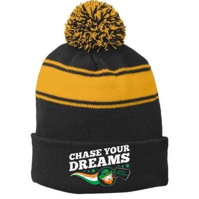 Chase Your Dreams With Whisky Leprechaun Stripe Pom Pom Beanie