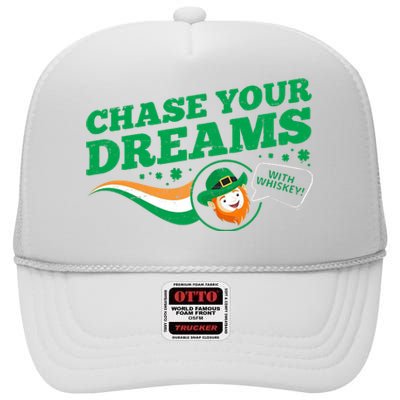 Chase Your Dreams With Whisky Leprechaun High Crown Mesh Back Trucker Hat